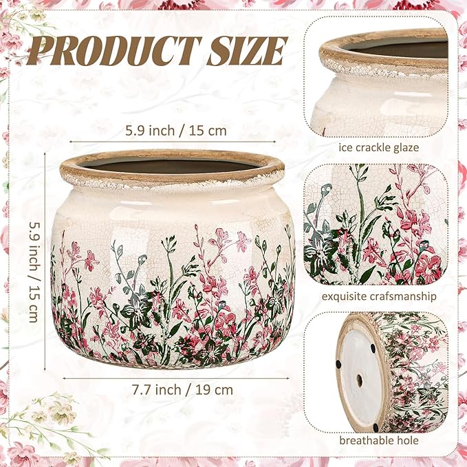 7.7" Large Vintage Ceramic Plant Pot Pink Green Boho Wildflower Crackle Glaze Flowers Planter Pot with Drainage for Indoor Outdoor Plant Rustic Farmhouse Kitchen Office Shelf Home Decor Gift