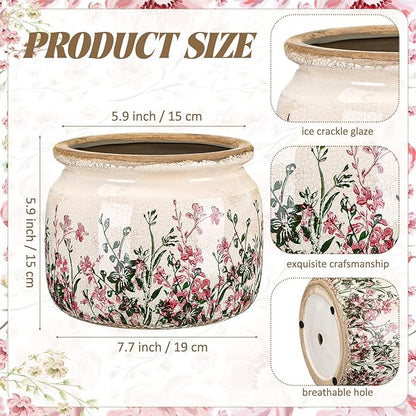 7.7" Large Vintage Ceramic Plant Pot Pink Green Boho Wildflower Crackle Glaze Flowers Planter Pot with Drainage for Indoor Outdoor Plant Rustic Farmhouse Kitchen Office Shelf Home Decor Gift