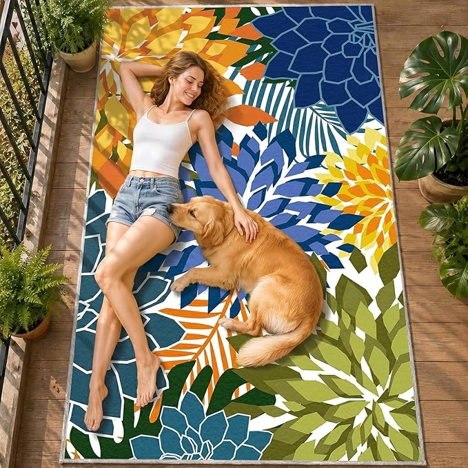 ZonLi Colorful Outdoor Rug 9x12Ft Waterproof Multicolored Indoor Area Rug Washable Outdoor Patio Rugs Tropical Floral Non Slip Outdoor Carpet for Living Room, Pool,Backyard,Deck,Camping