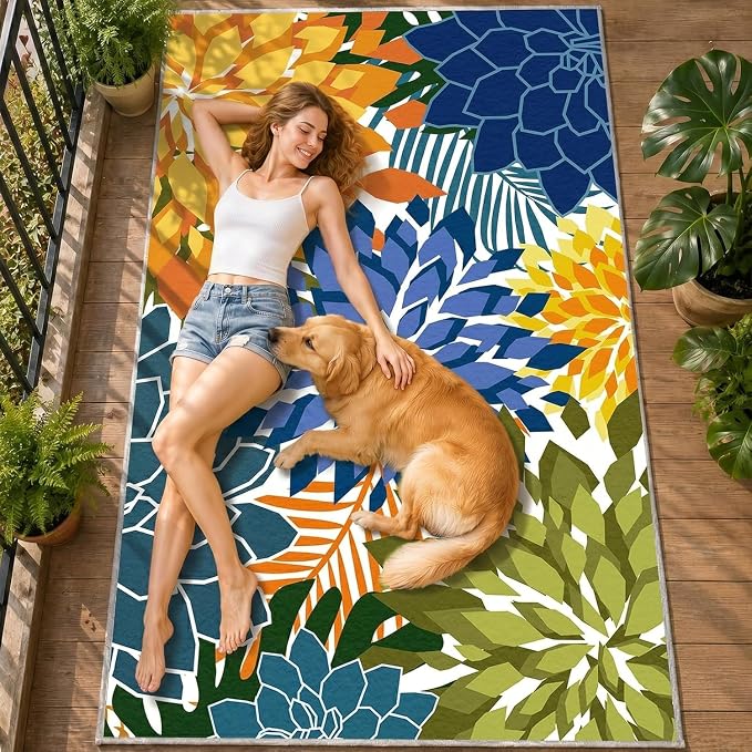 ZonLi Colorful Outdoor Rug 6x9Ft Waterproof Multicolored Indoor Area Rug Washable Outdoor Patio Rugs Tropical Floral Non Slip Outdoor Carpet for Living Room, Pool,Backyard,Deck,Camping