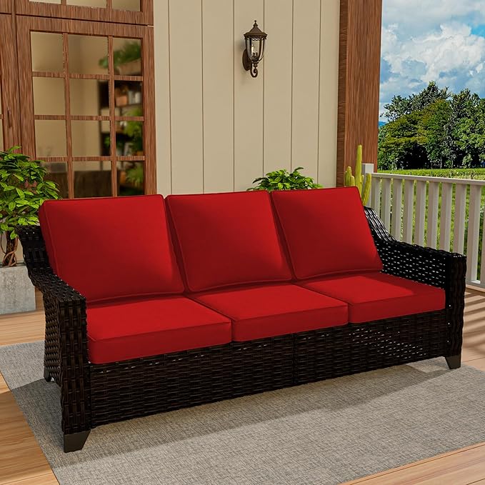 VistaVibe 78" Patio Wicker 3-seat Sofa, Deep Seat & Upholstered Loveseat, Outdoor All-Weather Rattan Couch with Removable Cushions, Steel Frame Couch for Garden, Poolside (Brown/Red)