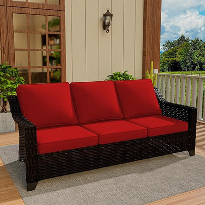 VistaVibe 78" Patio Wicker 3-seat Sofa, Deep Seat & Upholstered Loveseat, Outdoor All-Weather Rattan Couch with Removable Cushions, Steel Frame Couch for Garden, Poolside (Brown/Red)
