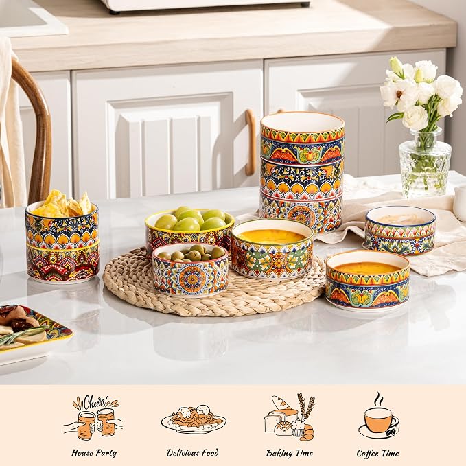 Henten Home Ceramic Ramekins Set Oven Safe, Colorful Cake Ramekins Set of 6, Boho Baking Cups for Pudding, Souffle, Ice Cream, Snack, Creme Brulee (8 oz)