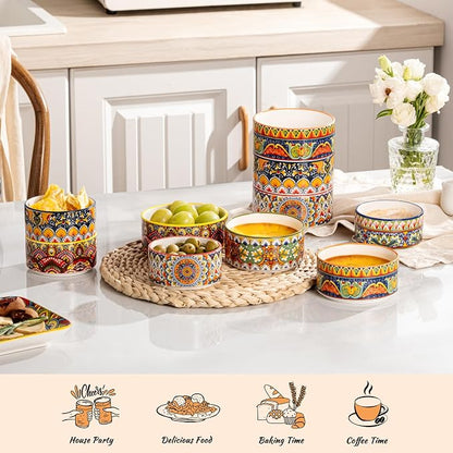 Henten Home Ceramic Ramekins Set Oven Safe, Colorful Cake Ramekins Set of 6, Boho Baking Cups for Pudding, Souffle, Ice Cream, Snack, Creme Brulee (8 oz)