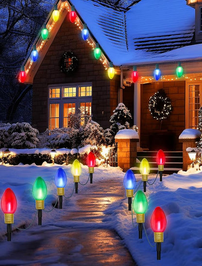 Jumbo C9 Christmas Pathway Lights Outdoor, 2Pk Total 14Ft Outdoor Christmas Decorations with 8 LED Jumbo C9 Clear Multicolor Bulbs Walkway Lights for Lawn Holiday Yard Garden Sidewalk