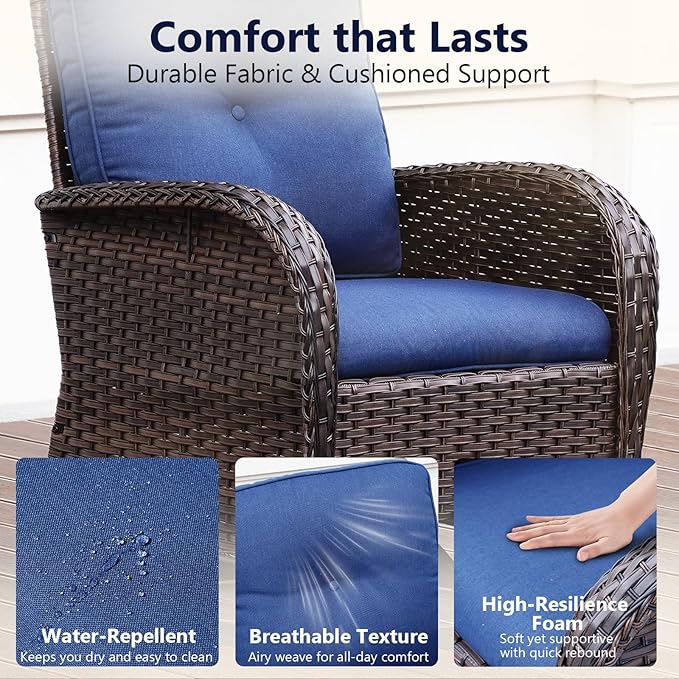 3-Piece PE Wicker Swivel Rocking Patio Chair Set with Cushions & Ripple Glass Table, Luxury All-Weather Outdoor Bistro Set for Modern Deck Balcony Furniture Set