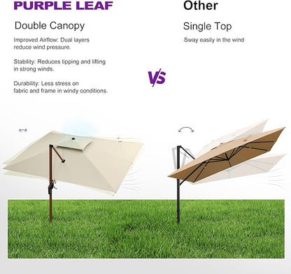 PURPLE LEAF 12ft Patio Umbrella Outdoor Square Umbrellas Large Cantilever Umbrella Windproof Offset Heavy Duty Sun Umbrellas for Garden Deck Pool Patio, Cream