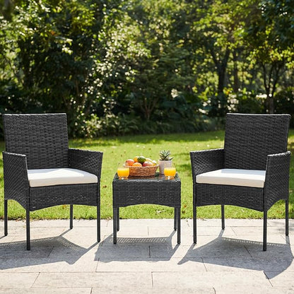 DUMOS 3 Piece Patio Furniture Set, All-Weather Outdoor Wicker Chairs with Removable Cushions & Tempered Glass Table, Small Bistro Set for Porch, Balcony, Lawn, Backyard Black