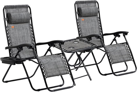 Outsunny Zero Gravity Chair Set with Side Table, Folding Reclining Chair with Cupholders & Pillows, Adjustable Lounge Chairs for Pool, Backyard, Lawn, Beach, Gray