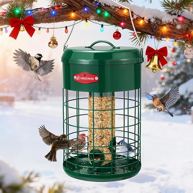 Kingsyard Upgraded Squirrel Proof Caged Bird Feeder for Outdoor Hanging - Additional Storage Tube Bird Feeder with 4 Feeding Ports & Perches, Easy to Clean & Refill. Green