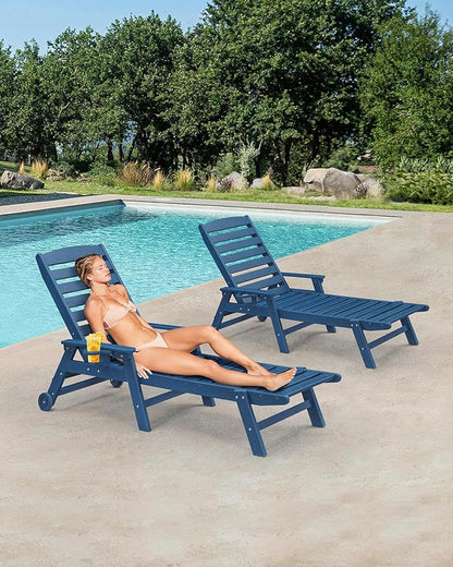 HDPE Outdoor Chaise Lounge Set of 2, 5-Position Adjustable Outdoor Lounger with Wheels & Cup Holder, 78.4'' Poly Lounge Chairs Furniture, HDPE Patio Lounge Chairs for Deck, Pool, Beach, Navy
