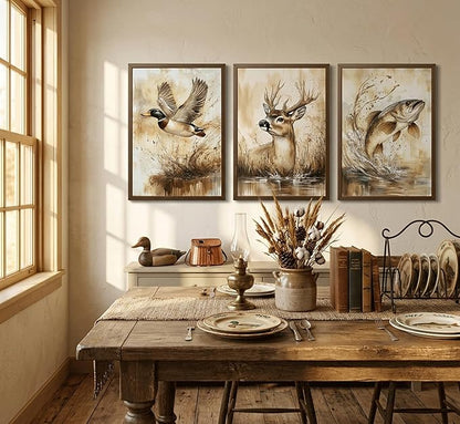 3Pcs Rustic Outdoor Wildlife Canvas Wall Art,Watercolor Deer Duck And Fish Posters Prints,Vintage Farmhouse Hunting Wall Decor Pictures,for Living Room Bathroom Kitche Home Decoration