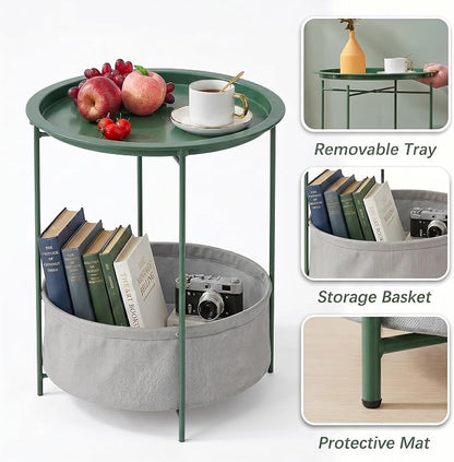 VECELO Round Side/End Table with Fabric Storage Basket，Metal Anti-Rust and Waterproof Small Bedside Nightstand with Removable Tray Top for Living Room，Balcony & Laundry，Dark Green /2pcs with Basket