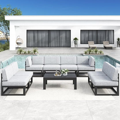 LayinSun Large Aluminum Patio Furniture Set, 9 Pieces Modern Outdoor Conversation Set Sectional Metal Sofa Set with Olefin Cushion