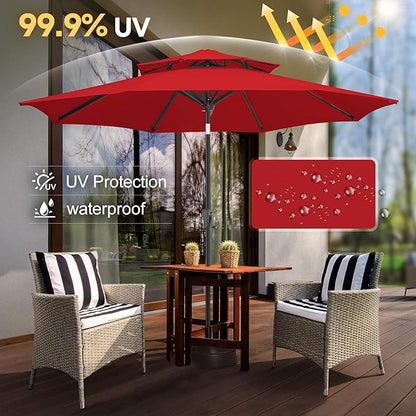 FLAME&SHADE 9ft Patio Umbrella - 2 Tiers Outdoor Umbrella with Push Button Tilt and Crank for UV Protection, Table Market Umbrella for Garden, Deck, Backyard, Pool and Beach(Red)