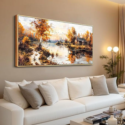 QIYILEXWART Large Wall Decor For Living Room Canvas Wall Art For Office Modern Wall Decorations For Bedroom Lakeside Cabins Autumn Landscape Painting Farmhouse Pictures Artwork Home Decor 24x48
