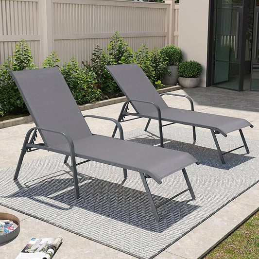 Crestlive Products Chaise Lounge Chair Outdoor with Armrests, Pool Lounge Chairs Set of 2, Aluminum Adjustable 5 Positions Sun Tanning Lounger for Patio, Poolside, Yard, Deck, Backyard (Grey)