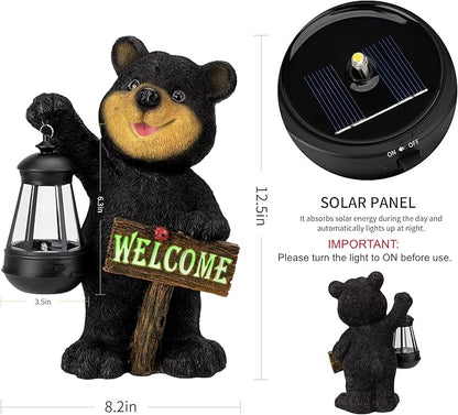 Juegoal Garden Bear Statue with Solar LED Lantern, Luminous Welcome Sign, Gifts for Mom Yard Art, Whimsical Figurine Large Sculpture Lighted Outdoor Mother's Day Spring Decorations for Lawn, Porch