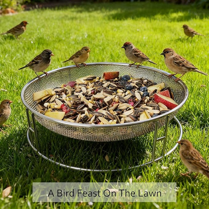 13-Inch Ground Feeding Platform for Birds, Squirrels, Ducks, Chicken, Stainless Steel Bird Feeders Combination with Additional Hanging Mesh Tray, Attracting Small Creatures for Backyard, Patio