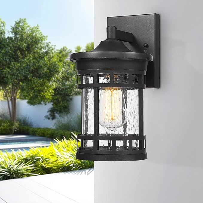 Bestshared Outdoor Wall Mount Lantern Anti-Rust Porch Light Fixtures Waterproof Wall Lamp Light Seeded Glass Exterior Sconce Lighting for Porch Patio Garage Front Door Entryway (Black, 12 Inch Height)