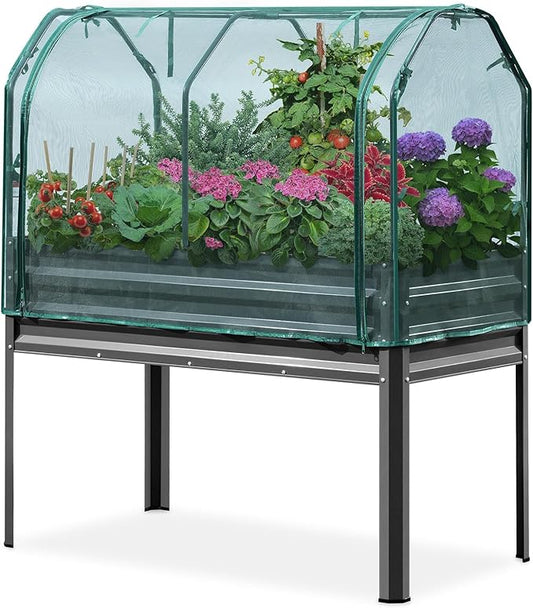 KING BIRD Large Raised Garden Bed with Netting Galvanized Elevated Planter Box with Legs 48×24×56 in for Backyard, Patio, Balcony, 400lb Capacity, Dark Grey