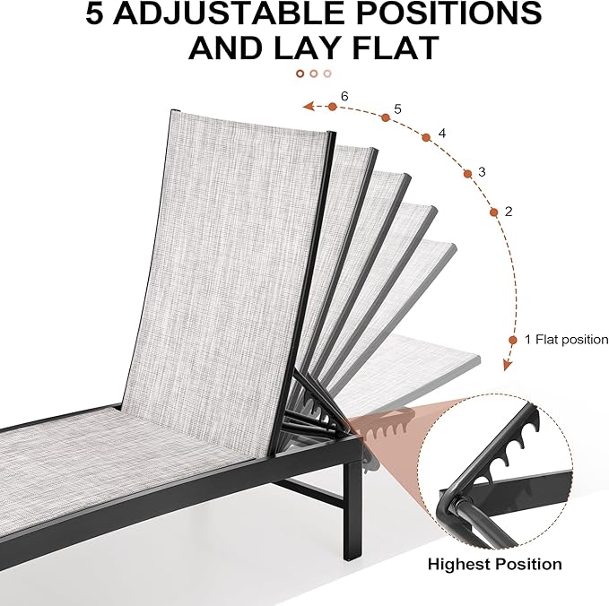 Crestlive Products Outdoor Aluminum Pool Chaise Lounge Chairs, Adjustable Five-Position Tanning Recliner, All Weather for Patio, Beach, Yard, Pool (1PC Grey Black)