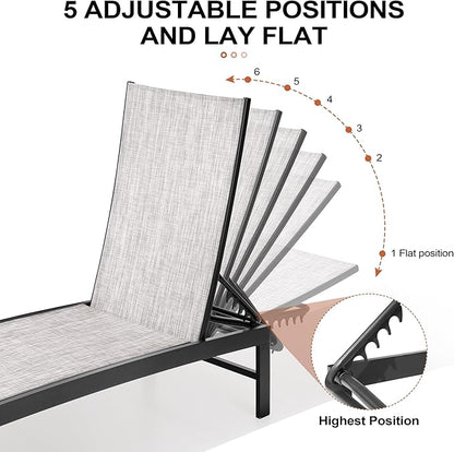 Crestlive Products Outdoor Aluminum Pool Chaise Lounge Chairs, Adjustable Five-Position Tanning Recliner, All Weather for Patio, Beach, Yard, Pool (1PC Grey Black)
