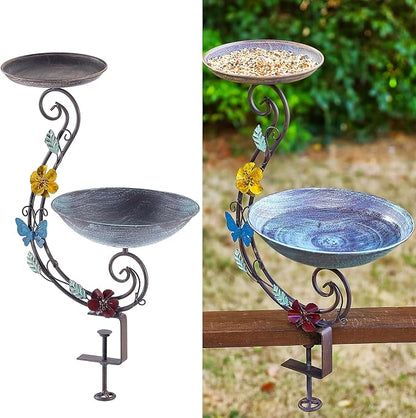 Bird Bath for Deck Railing, 2 in 1 Deck Mounted Balcony Bird Feeder and Bath for Outside with Heavy Duty Clamp, Outdoor Metal Birdbaths for Garden Yard Decor