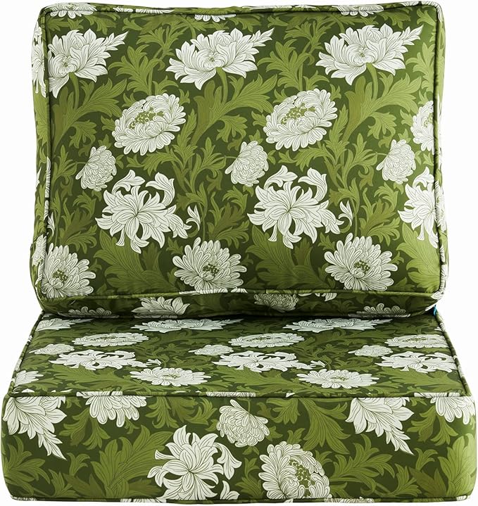 ARTPLAN 24x24 Deep Seat Patio Cushions for Outdoor Furniture,Extra 6 inch Thick,Back 18"x24",Removable,Replacement,Polyester Floral Pattern,Outdoor/Indoor,Green Flowers