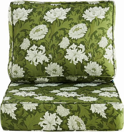 ARTPLAN 24x24 Deep Seat Patio Cushions for Outdoor Furniture,Extra 6 inch Thick,Back 18"x24",Removable,Replacement,Polyester Floral Pattern,Outdoor/Indoor,Green Flowers