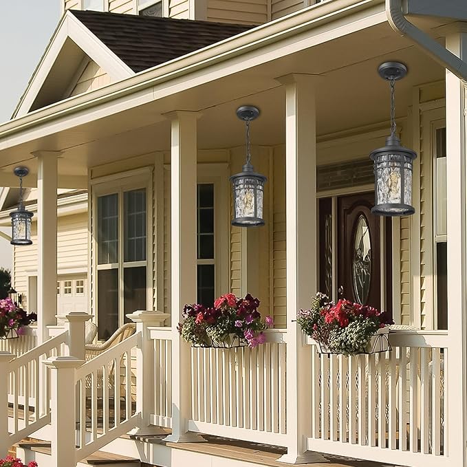 Darkaway Outdoor Pendant Lights for Porch, Outdoor Chandelier Hanging Porch Lights Outside Ceiling Mount Aluminum with Water Ripple Glass for House Gazebo Patio