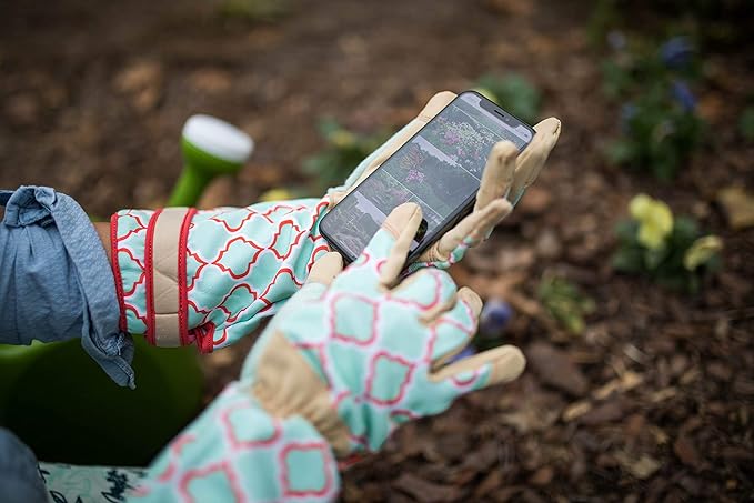 Digz Rose Pruning Vegan Leather Garden Gloves, Long Forearm Protective Cuff with Touchscreen Compatible Finger Tips, Red Geometric Pattern, Large