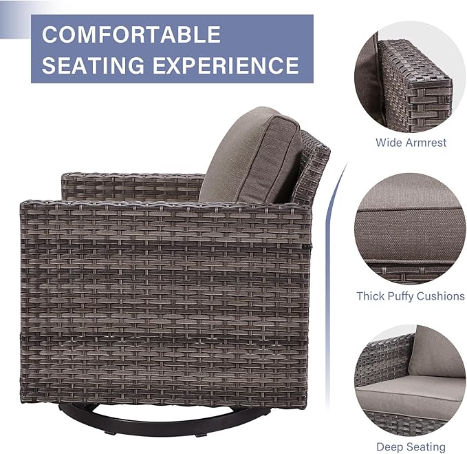 Outdoor Patio Swivel Rocker Chairs - 3 Piece Wicker Patio Furniture Bistro Swivel Rocking Chairs Set with Comfortable Cushions,Sturdy Metal Frame and Side Table for Porch Deck(Mixed Grey/Grey)