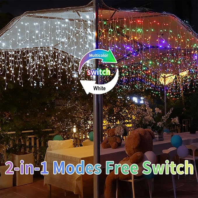 Solar Icicle Lights Outdoor Waterproof - 82Ft 660 LED Icicle Christmas Lights Outdoor with Remote, Cool White and Multi-Color 2in1, Color Changing Icicle String Lights for Wedding Balcony Eaves Decor