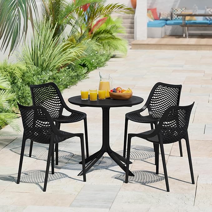 Costaelm Dining Table for 4 with Chair, HDPE Patio Round Dining Table and Stackable Chair, Outdoor Patio Furniture All Weather for Backyard Porch Poolside, Black