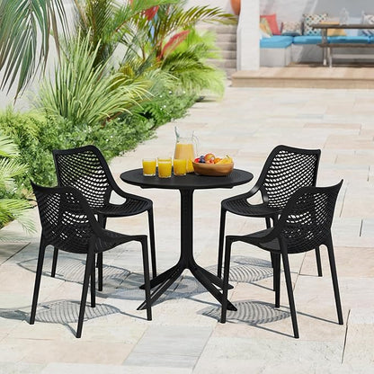 Costaelm Dining Table for 4 with Chair, HDPE Patio Round Dining Table and Stackable Chair, Outdoor Patio Furniture All Weather for Backyard Porch Poolside, Black