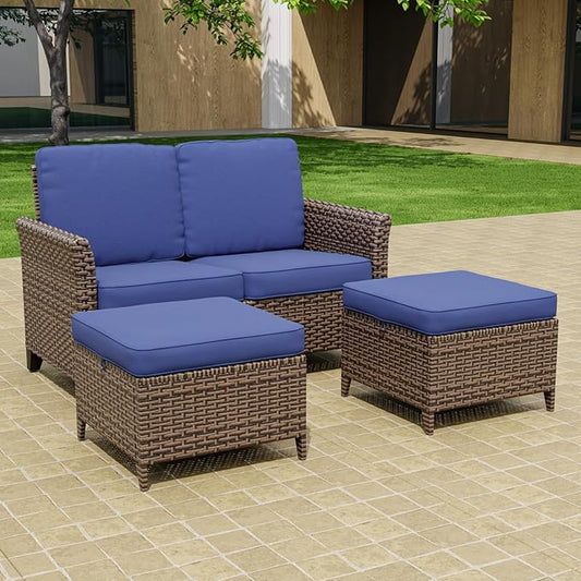 Canyon Ridge Wicker Patio Sofa with 2 Ottomans, Small Balcony Furniture, Outdoor Furniture Set, 2 Seat Loveseat, Brown/Blue