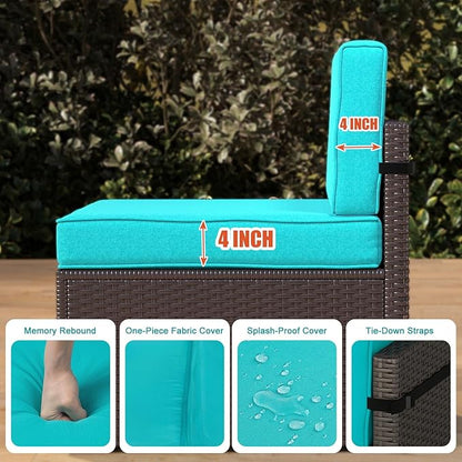 Kinsuite 7Pcs Patio Conversation Set - Wicker Backyard Furniture Outdoor Furniture with Cushions, All-Weather Couch Set with Coffee Table for Garden, Lawn, Deck, Turquoise