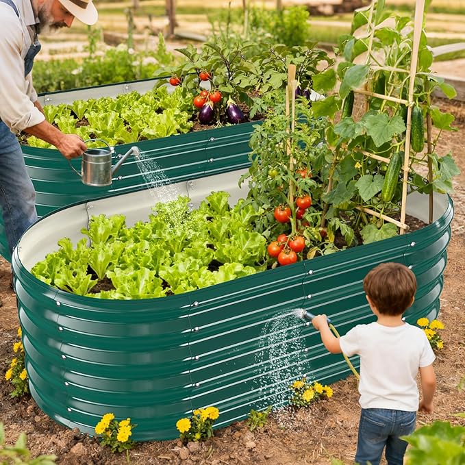 YSEJOMP 17" Tall Outdoor Garden Raised Garden Bed Kits, 4ft X 2ft Oval,0.8MM Thick Metal Raised Planter Bed/Ground Planter Box for Variety of Flowers,Herbs,Vegetables (Dark Green, 48X24X16.5 Inches)