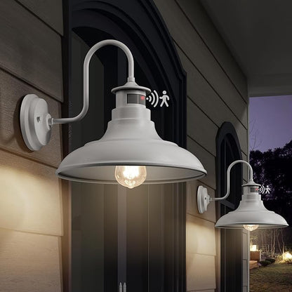 2 Pack Farmhouse Gooseneck Wall Sconce Barn Lights,Motion Sensor and Dusk to Dawn Outdoor Wall Mount Lighting Fixtures,3 Modes Exterior Porch Light IP65 Waterproof E26 Matte White Wall Lamp for Patio
