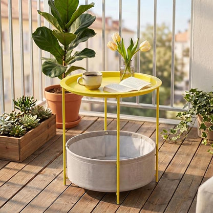 VECELO Round Side/End Table with Fabric Storage Basket，Metal Anti-Rust and Waterproof Small Bedside Nightstand with Removable Tray Top for Living Room，Balcony & Laundry，Yellow /2pcs with Basket
