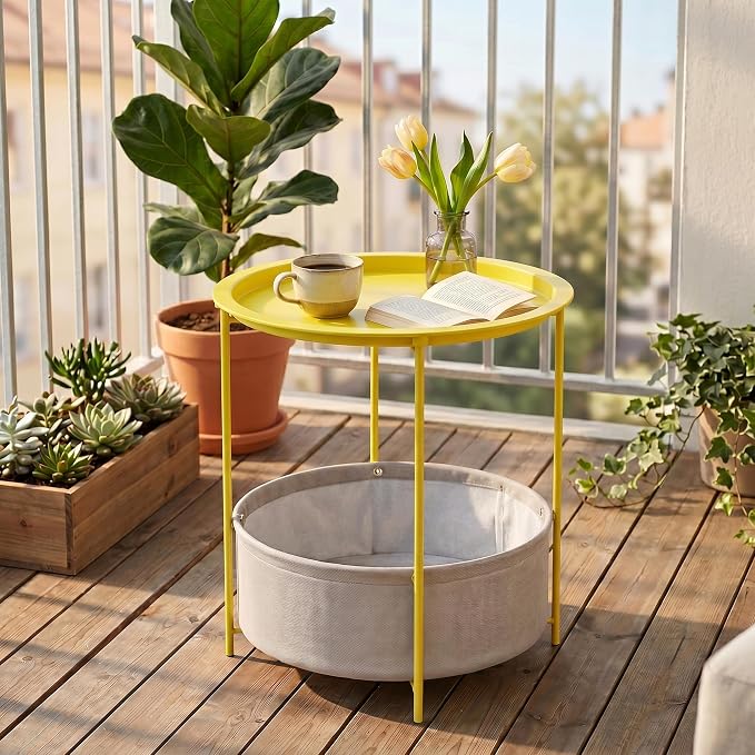 VECELO Round Side/End Table with Fabric Storage Basket，Metal Anti-Rust and Waterproof Small Bedside Nightstand with Removable Tray Top for Living Room，Balcony & Laundry，Yellow /1pcs with Basket