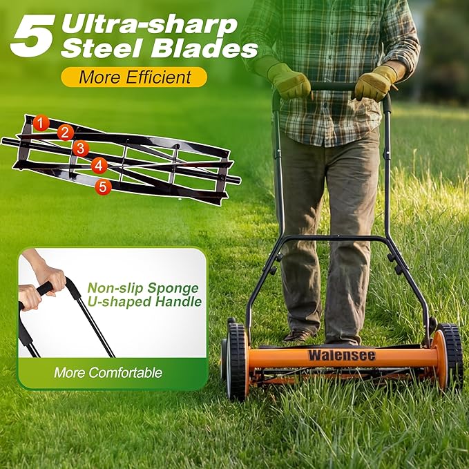 Walensee Push Reel Lawn Mower, 20-Inch 5-Blade Cordless Manual Reel Lawn Mower, Walk-Behind Steel Lawn Mower with 9-Position Cutting Height Adjustment & Sponge Grip