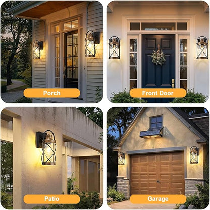 Dusk to Dawn Outdoor Wall Lights Fixtures, Waterproof Exterior Lighting Fixtures with Photocell Sensor,Vintage Faux Wood Grain Metal Cage Lantern Outside Lights for Porch Patio House Garage（2 Pack）