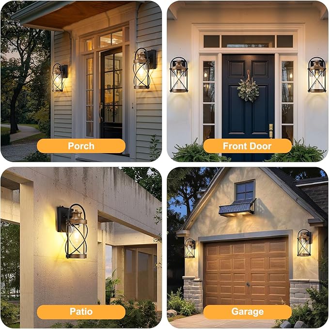 OKELI Dusk to Dawn Outdoor Wall Lights Fixtures, Waterproof Exterior Lighting Fixtures with Photocell Sensor,Vintage Faux Wood Grain Metal Cage Lantern Outside Lights for Porch Patio House Garage