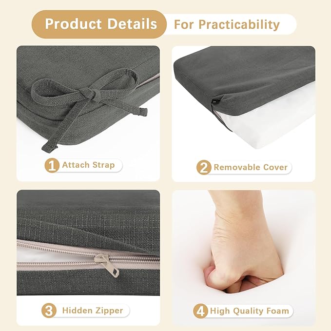 Favoyard Outdoor Bench Cushion 42 x 16 Inch Rainproof Patio Furniture Cushions 3-Year Color Fastness Garden Settee Porch Pads with Ties, Dark Gray