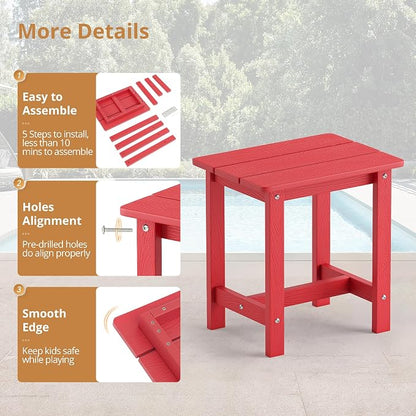 LUE BONA Outdoor Side Table, HDPS Small Outdoor Adirondack Side Tables, Outside End Table for Patio, Porch, Deck, Pool, Weather Resistant/Easy Maintenance, Bright Red