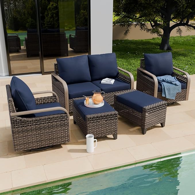 COOS BAY Modern Wicker Outdoor Furniture Set, Patio Conversation Set with Swivel Rockers, 2 Seat Loveseat, and Ottomans, 5 Piece, Brown/Blue