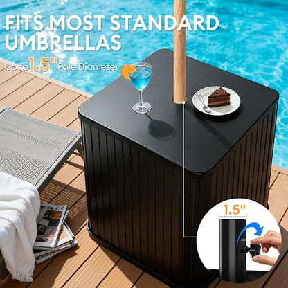 Umbrella Side Table Outdoor Patio Table with Umbrella Hole, Heavy Duty Plastic Poolside Table Holds 132 lbs with Water Filled Base, Fits ≤1.5”Umbrella Pole for Poolside & Backyard, White