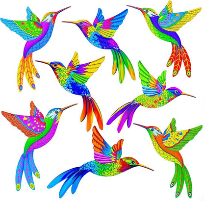 Outdoor Wall Art Metal Hummingbird 3D Wall Art for Outside Fence Decorations Outdoor Patio Decor- (Set of 8,Colore)